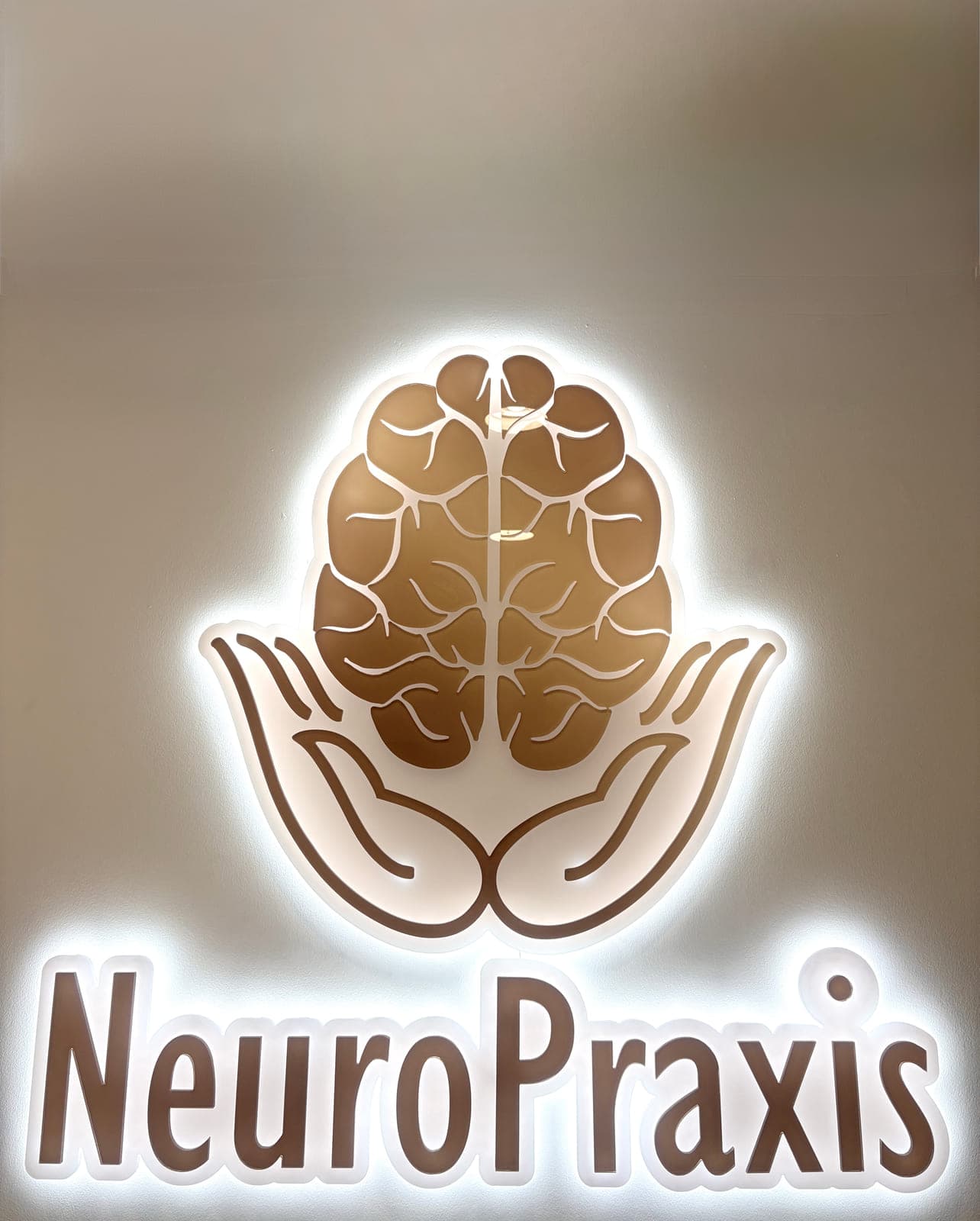 Beleuchtetes NeuroPraxis-Wandlogo: stilisiertes Gehirn in zwei Händen — die Praxis-Identität
